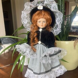Victorian Lace Doll with Auburn Hair and Bonnet Lacy Dress MUST GO MOVING